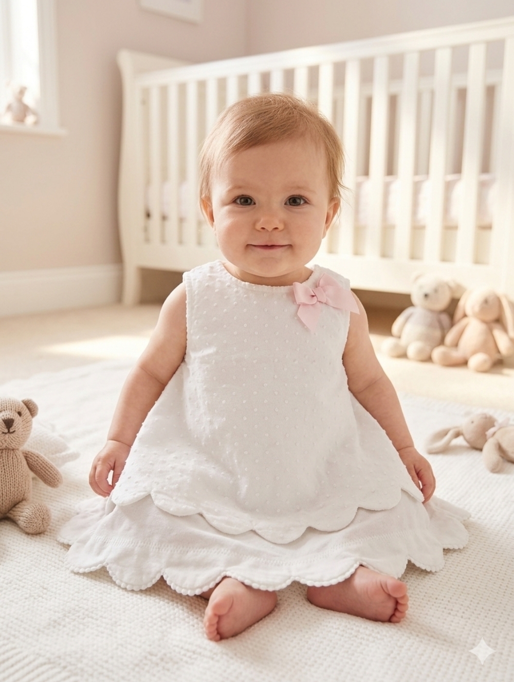 Tahari Baby White Swiss Dot Scalloped Hem Dress with Pink Bow - Size 6-9 Months